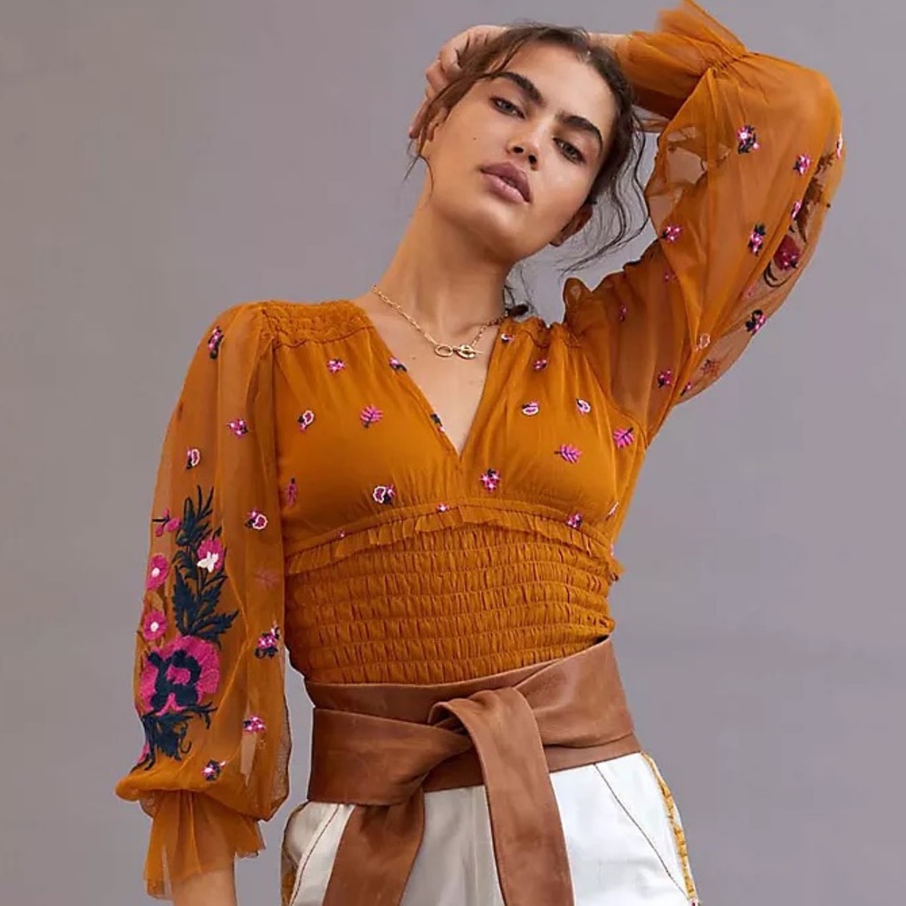 Anthropologie Smocked Tulle Embroidered Blouse